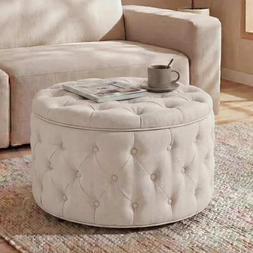Vista 16 de Homebeez Otomana de Almacenamiento Redonda de Terciopelo de 28 Pulgadas, Taburete Reposapiés con Capitoné de Botones Mesa de Centro para Sala