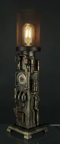 Vista 2 de Steampunk - Lámpara de mesa de malla con reloj industrial de tuberías