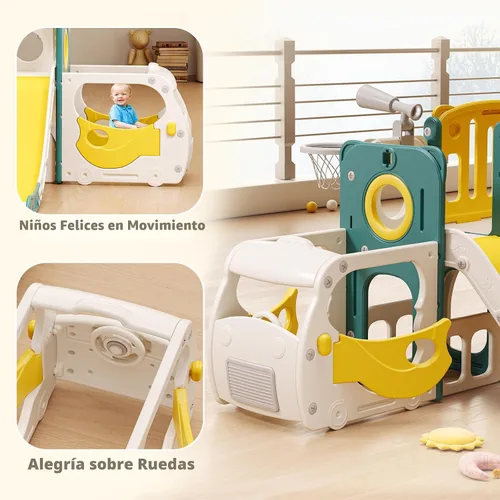 Vista 2 de Juego de tobogán para niños pequeños/bebés, con temática de autobús; parque infantil con aro de baloncesto y área de escalada, para interiores