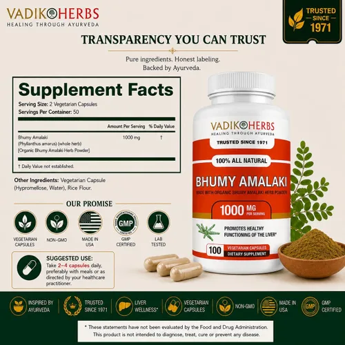 Vista 2 de Vadik Herbs Organic Bhumy Amalaki, 100 cápsulas, soporte hepático 1000 mg Organic Whole-Herb Phyllanthus amarus 1000mg Per Serving Traditional