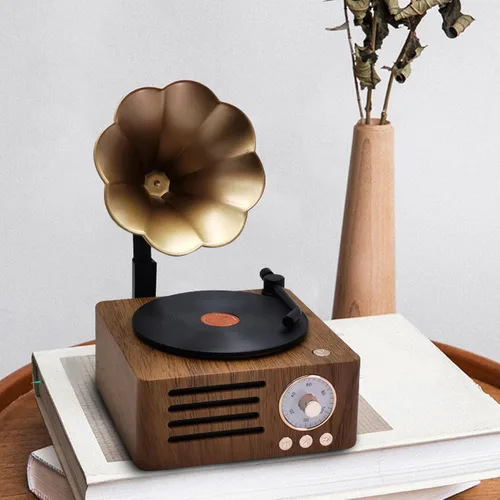Vista 8 de Altavoz de tocadiscos vintage, tocadiscos portátil de grano de madera, altavoz Bluetooth con bocina de cobre, función de radio FM, diseño compacto