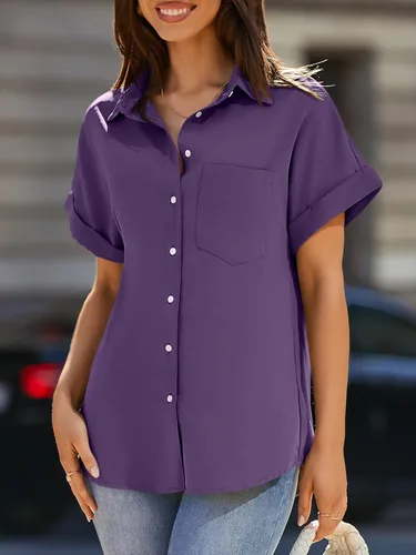 Vista 2 de Beautife - Camisa de manga corta para mujer, con cuello en V, botones y bolsillos
