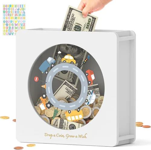 Vista 25 de Summidate Caja de ahorro de dinero de madera, caja de ahorro de ventana transparente con calcomanías de bricolaje, alcancía de oso personalizada