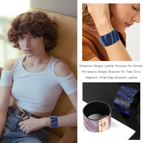 Vista 3 de Pulsera envolvente de cuero turquesa, pulseras de cuentas en capas para mujer, pulseras de plumas multicapa, pulsera bohemia occidental para mujer