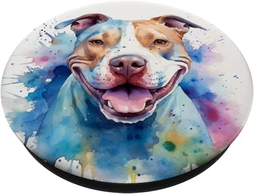 Vista 2 de Pitbull Sonriente Acuarela Amante de Perros Arte PopSockets intercambiables PopGrip