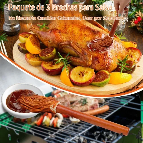 Vista 7 de Salsa de barbacoa de 12 pulgadas para asar o asar a la parrilla, aplicar barbacoa, adobo o glaseado, cabezal de fibra de algodón y mango de madera