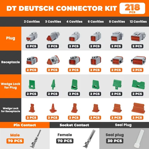 Vista 2 de Kit de conectores DT Deutsch de 218 piezas, 12 unidades, con crimpadora de alambre de trinquete, 2/3/4/6/8/12 pines IP68 impermeables, conectores
