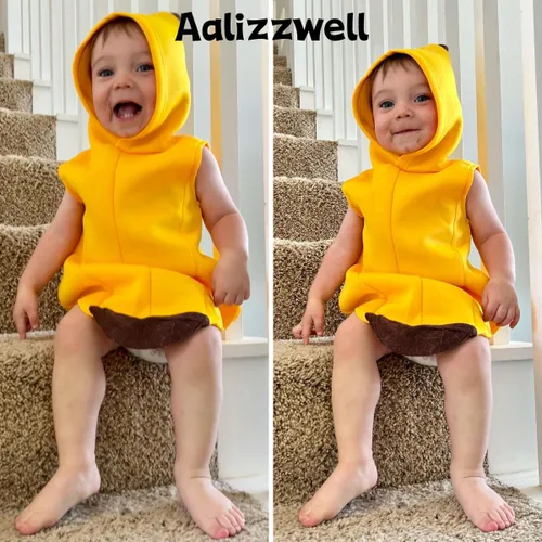 Vista 2 de Aalizzwell Ropa infantil de Halloween para bebé, con capucha de frutas, traje de mameluco Banana