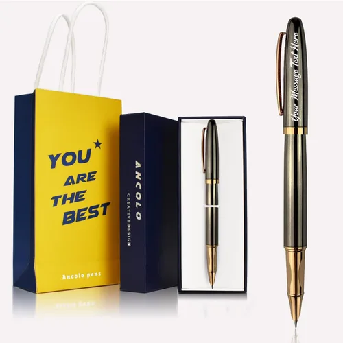 Vista 8 de Ancolo Pluma estilográfica personalizada con cuerpo de metal con caja para bolígrafos, 2 cartuchos de tinta negra personalizados con tu mensaje
