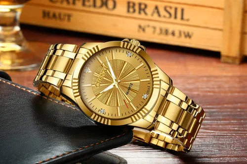 Vista 6 de Reloj de acero inóxidable dorado con cristales estilo clásico para hombre Fq-005