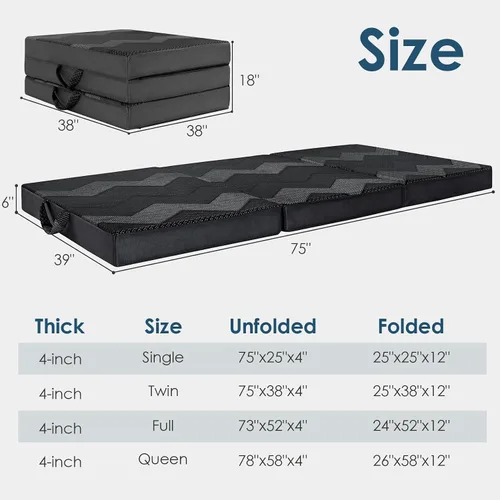 Vista 6 de INGEROOM Colchón plegable individual – Colchón triple de espuma viscoelástica de 4 pulgadas para campamento, con asa portátil, sofá cama plegable
