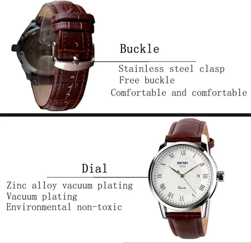 Vista 4 de SKMEI Reloj de pulsera de cuero para hombre, con números de moda, para negocios, ocio, impermeable, calendario