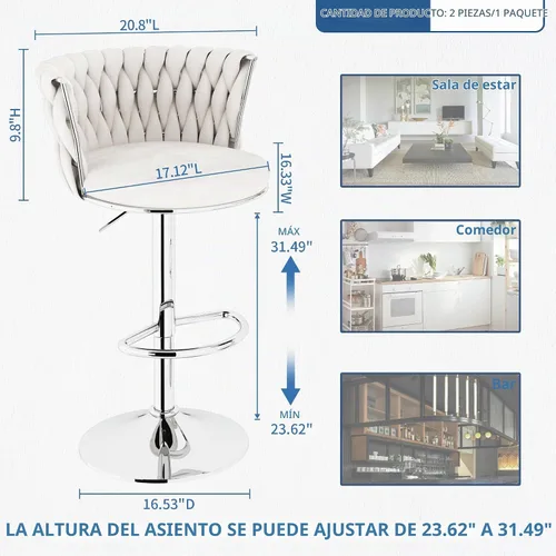 Vista 3 de Lamerge Juego de 2 taburetes de bar de terciopelo, sillas de bar giratorias modernas con altura ajustable, sillas tapizadas para isla de cocina Beige