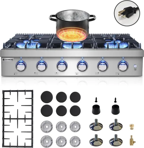 Vista 9 de AAOBOSI Placa de cocina de gas de 36 pulgadas con 6 quemadores, estufa de acero inoxidable integrada de 78,000 BTU, estufa comercial independiente
