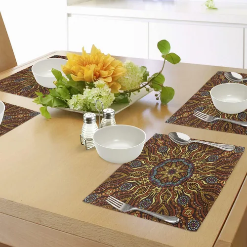 Vista 4 de Ambesonne Juego de 4 manteles individuales étnicos, diseño de mosaico de colores cálidos con estampado de remolinos florales, manteles individuales