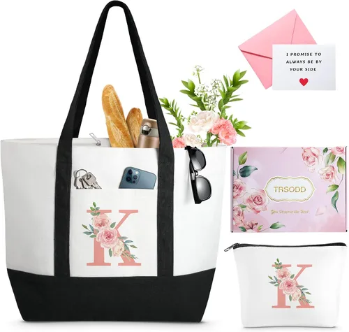 Vista 15 de TRSODD Regalos de cumpleaños para mujer, bolsa de lona con inicial con correa ajustable para el hombro y bolsa de maquillaje, regalos para mamá