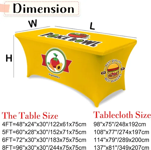Vista 4 de Mantel personalizado con logotipo de negocios, mantel de elastano elástico personalizado para mesas rectangulares de 6 pies para ferias, eventos