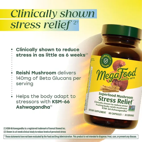Vista 3 de MegaFood Superfood - Alivio del estrés de hongos Reishi clínicamente estudiado para reducir el estrés, formulado por médicos con Ashwagandha KSM 66