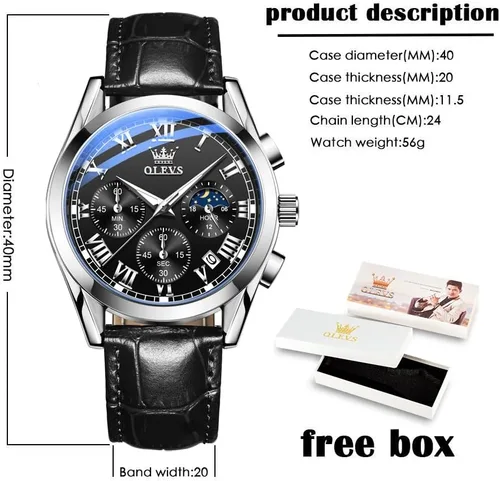 Vista 6 de OLEVS Watch for Men Chronograph Brown Leather Analog Quartz Fashion Business Dress Large Face Men Watch Day Date Luminous Waterproof Casual Male