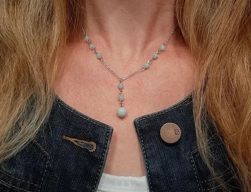 Vista 3 de Natural Crystal Bead Aquamarine Stone Y Shaped Lariat Necklace Non-Tarnish Steel Chain