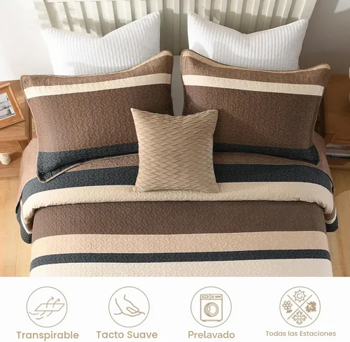 Vista 5 de Finlonte Colcha tamaño Queen, 100% algodón, cubrecamas de gran tamaño, tamaño Queen, color marrón carbón, beige, acolchado, a rayas, estilo granja