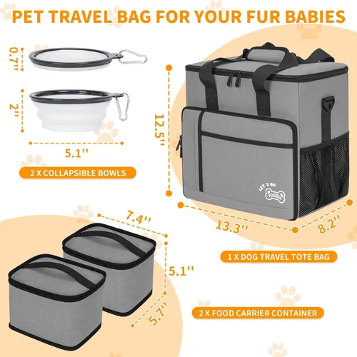 Vista 6 de TORIBIO Bolsa de viaje grande para perros para suministros con cuenco de Gris