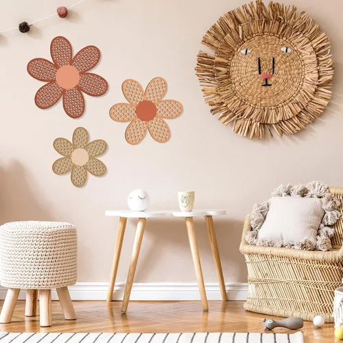 Vista 5 de Maitys 3 piezas de decoración de pared de margaritas bohemias, flores de ratán natural, arte bohemio de madera, flores de guardería, decoración
