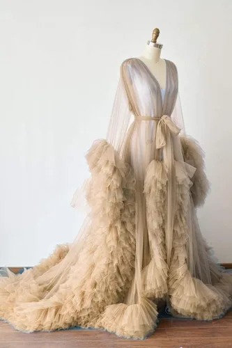 Vista 3 de BATHGOWN Sexy ilusión larga lencería de tul bata camisón bata de baño ropa de dormir bata nupcial bufanda de boda