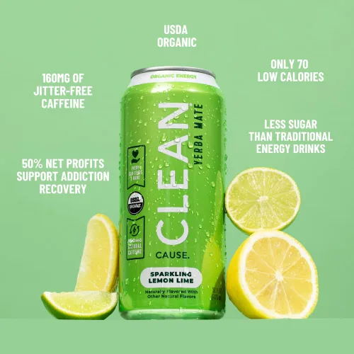 Vista 3 de Clean Cause Yerba Mate Engergy Drink, limón lima, 16 onzas