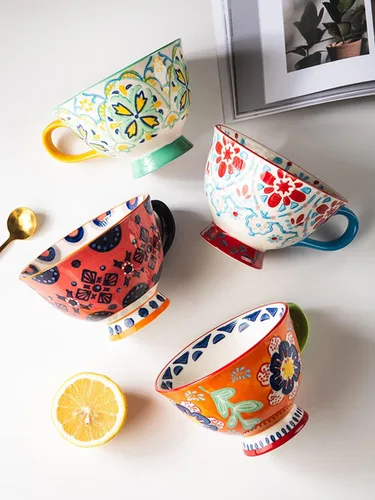 Vista 6 de Tazas de café de cerámica de gran capacidad pintadas a mano con patrón floral – Tazas jumbo, té, leche, cereales, taza de desayuno, juego de 4 – 14