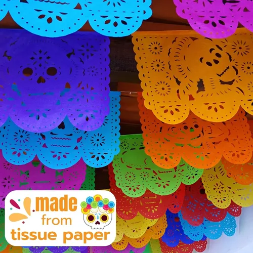 Vista 7 de Cartel de papel picado Dia de Los Muertos, guirnaldas de papel de seda del Día de los Muertos, decoraciones de fiesta mexicana, paquete de 5 83