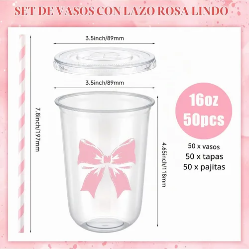 Vista 3 de LemonRoad - Juego de 50 tazas de lazo rosa de 16 onzas para decoración