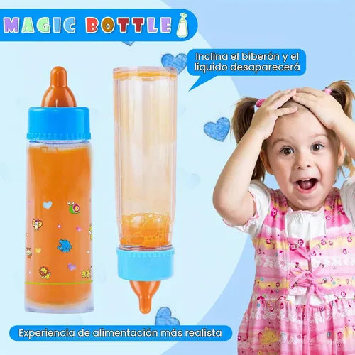 Vista 3 de SCOM Accesorios para biberones de muñeca de bebé, 6 piezas, juguetes de biberón, leche mágica que desaparece y jugo, juego de simulación