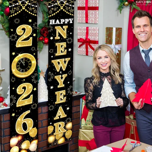 Vista 7 de KatchOn XtraLarge Pancarta de Feliz Año Nuevo 2026 – 72 x 12 pulgadas Pancarta de puerta de Feliz Año Nuevo negra y dorada para decoraciones