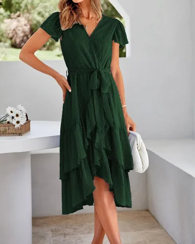 Vista 6 de BTFBM Vestido bohemio casual para mujer, cuello en V, manga corta, gasa, lunares suizos, cinturón y volantes, vestido envolvente para invitadas
