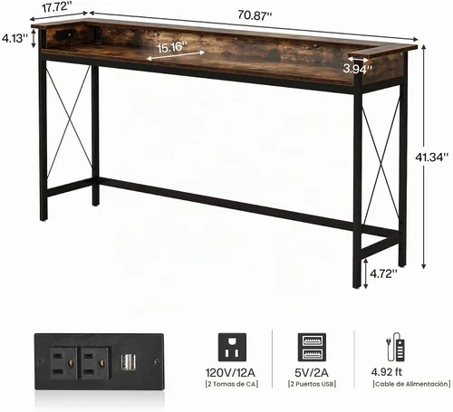 Vista 2 de Tribesigns Mesa de sofá con tomas de corriente y puertos USB, mesa consola extra larga de 70.9 pulgadas detrás del sofá con estación de carga, mesa