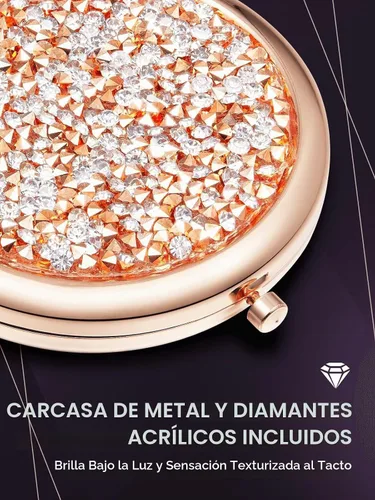 Vista 2 de OMIRO Espejo compacto con aumento 1X/10X, mini espejo de maquillaje de bolsillo de metal con diamantes (oro rosa)