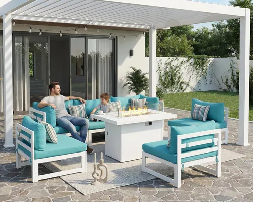 Vista 2 de BULEXYARD Juego de 7 piezas de muebles grandes de aluminio para patio al aire libre con mesa rectangular con fogón, asiento profundo de 29