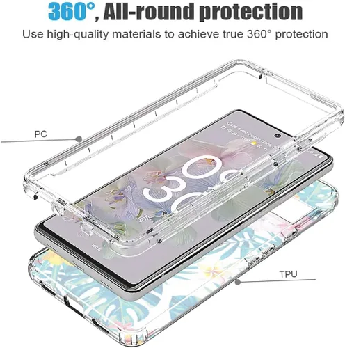 Vista 3 de Funda para Pixel 6A, para Google 6A Crystal Clear Floral Case con protector de pantalla de vidrio templado, suave 360° cuerpo completo a prueba