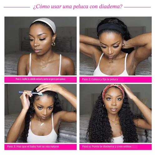 Vista 6 de Youngirl Peluca de cabello humano ondulado profundo con diadema de 12 pulgadas para mujeres negras, sin pegamento, sin encaje frontal, peluca