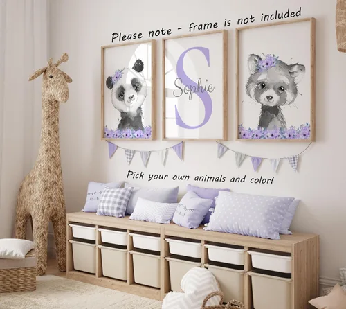 Vista 5 de Juego de 3 pósteres de animales de safari para niñas, habitación del bebé, sin marco, con nombre personalizado, flores rosas o moradas, decoración