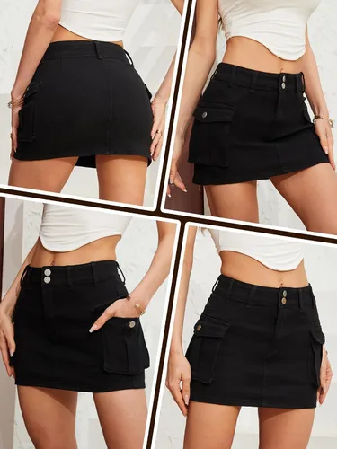 Vista 5 de Falda de carga de cintura baja para mujer, mini falda de mezclilla con bolsillo