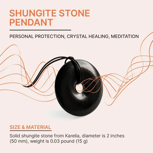 Vista 2 de Karelian Heritage Auténtico collar de piedra de shungita, amuleto redondo con colgante de shungita para protección y meditación curativa de cristal