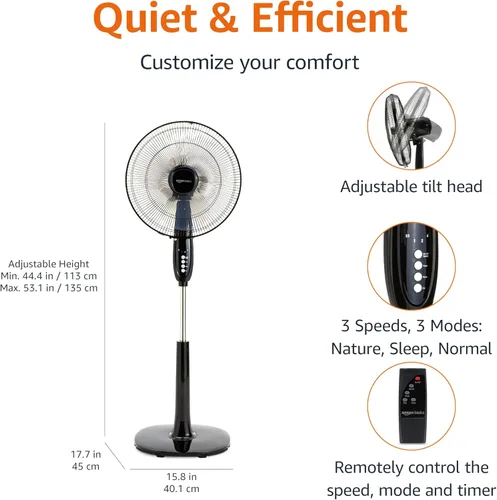 Vista 2 de Amazon Basics - Ventilador de pedestal de 16 pulgadas con control remoto, ventilador de piso, ventilador de pie para dormitorio, sala de estar