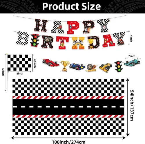 Vista 2 de Kit de decoración de fiesta de auto de carreras, pancarta de feliz cumpleaños, manteles para cumpleaños de coche de carreras o baby shower, 54 x 108