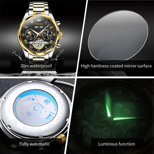 Vista 6 de OLEVS Relojes automáticos para hombre, esqueleto Tourbillon, reloj de pulsera de lujo con diamantes de cuerda automática, acero inoxidable