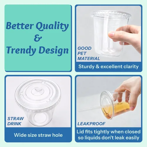 Vista 4 de Homestockplus Paquete de 100 vasos de plástico transparente de 12 onzas sin BPA con tapas y popotes, vasos desechables para sorbetes a prueba