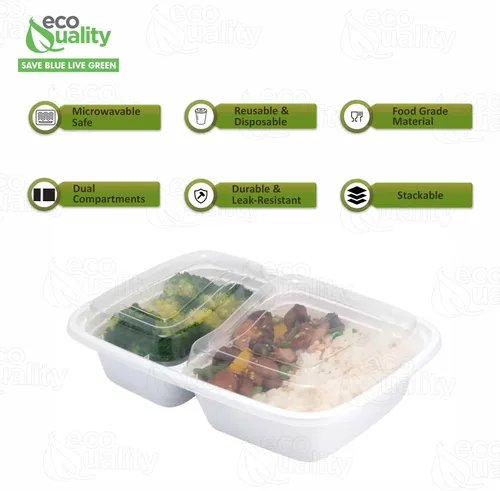 Vista 2 de EcoQuality Paquete de 25 recipientes blancos para preparación de comidas, 2 compartimentos con tapas, caja Bento para almacenamiento de alimentos