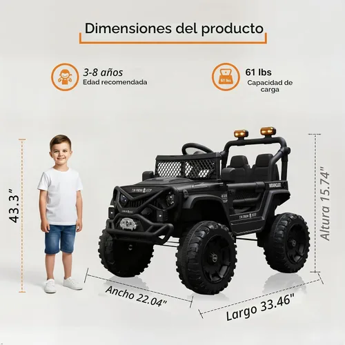 Vista 2 de Vehículo de 12 V para niños estilo Jeep con control remoto, música e historias Bluetooth, faros LED, absorción de golpes, puertas dobles con Negro