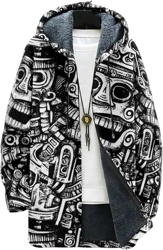 Vista 28 de Chaqueta de forro polar con capucha para hombre, con estampado azteca, de algodón pesado, con cremallera, manga larga, chaqueta con capucha